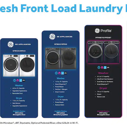 $649-$699 PICKUP! GE Profile - 5.3 Cu. Ft. High-Efficiency Stackable Smart Front Load Washer with Steam and UltraFresh Vent System+ With OdorBlock - Sapphire Blue