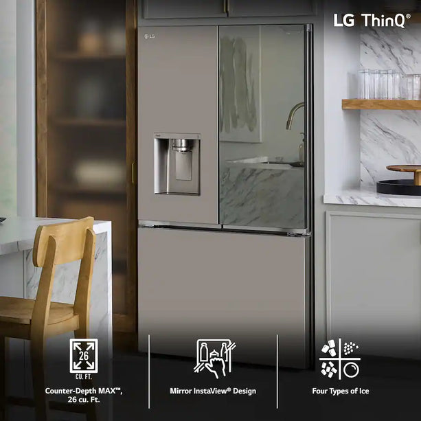 LG - Counter-Depth MAX 25.5 Cu. Ft. French Door Smart Refrigerator with Mirror InstaView - Stainless Steel