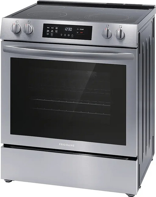 Frigidaire 30-inch Front Control Electric Range with Convection Bake, angled view displaying the front panel and right side, emphasizing the modern design and functionality.