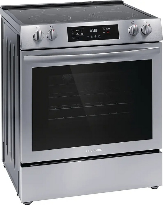 Frigidaire 30-inch Front Control Electric Range with Convection Bake, angled view showing the front panel and left side, highlighting the modern design and detailed craftsmanship.