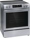 Frigidaire 30-inch Front Control Electric Range with Convection Bake, angled view showing the front panel and left side, highlighting the modern design and detailed craftsmanship.