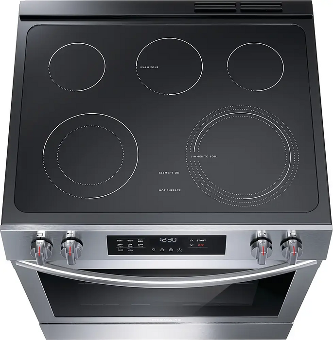 Top view of the Frigidaire 30-inch Front Control Electric Range, featuring a 5-burner cooktop with Even Temp elements for consistent heating.