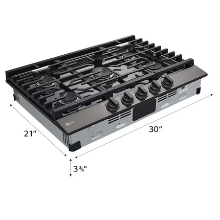 LG 30" Gas Cooktop — 5‑Burner, 20 K BTU UltraHeat™, Black Stainless