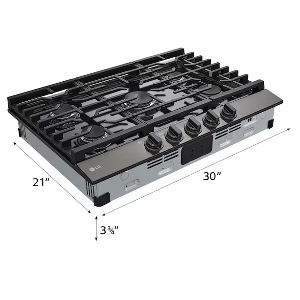 LG 30" Gas Cooktop — 5‑Burner, 20 K BTU UltraHeat™, Black Stainless