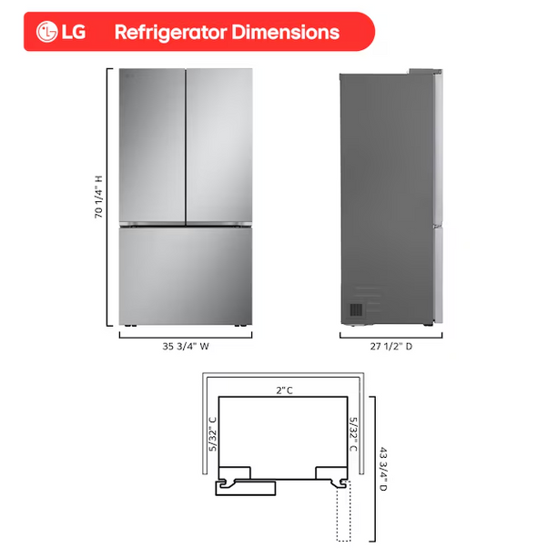 LG 25.1 cu. ft. Counter‑Depth MAX™ 3‑Door French‑Door Refrigerator — Slim Profile, Internal Water Dispenser, Smart Cooling
