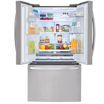 LG 28 cu. ft. 3‑Door French‑Door Refrigerator — Ice & Water Dispenser, Smart Cooling, Standard Depth Stainless Steel