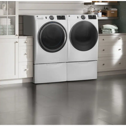 GE 5.0 cu.ft. Smart Front Load Washer in White with Steam and 7.8 cu.ft. Smart Front Load Electric Dryer in White with Steam and Sanitize