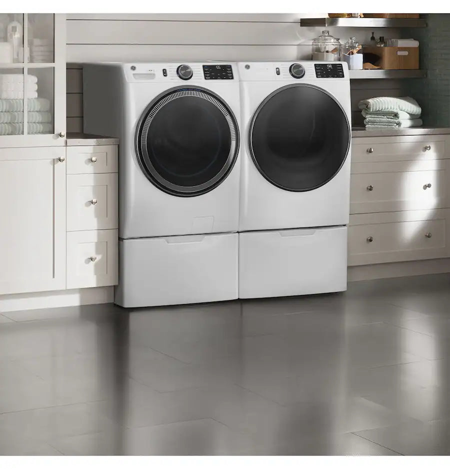 GE 5.0 cu.ft. Smart Front Load Washer in White with Steam and 7.8 cu.ft. Smart Front Load Electric Dryer in White with Steam and Sanitize